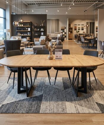 PALERMO Natural Oak Round Extending Dining Table with Geometric Matte Black Steel Base (100-150 × 100-150 × 75 cm)