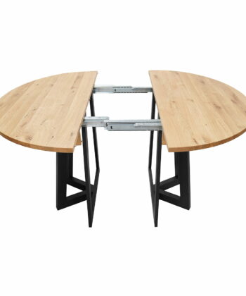 PALERMO Natural Oak Round Extending Dining Table with Geometric Matte Black Steel Base (100-150 × 100-150 × 75 cm)