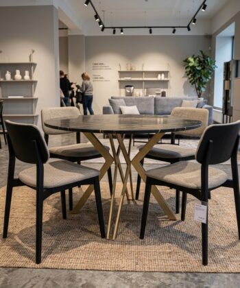 RANDI Black Pietra Grigia Laminate Gold Steel Extendable Dining Table (100-176 × 100 × 76 cm)
