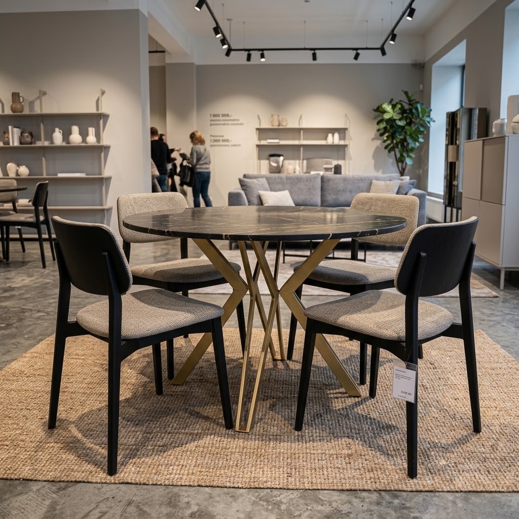 RANDI Black Pietra Grigia Laminate Gold Steel Extendable Dining Table (100-176 × 100 × 76 cm)