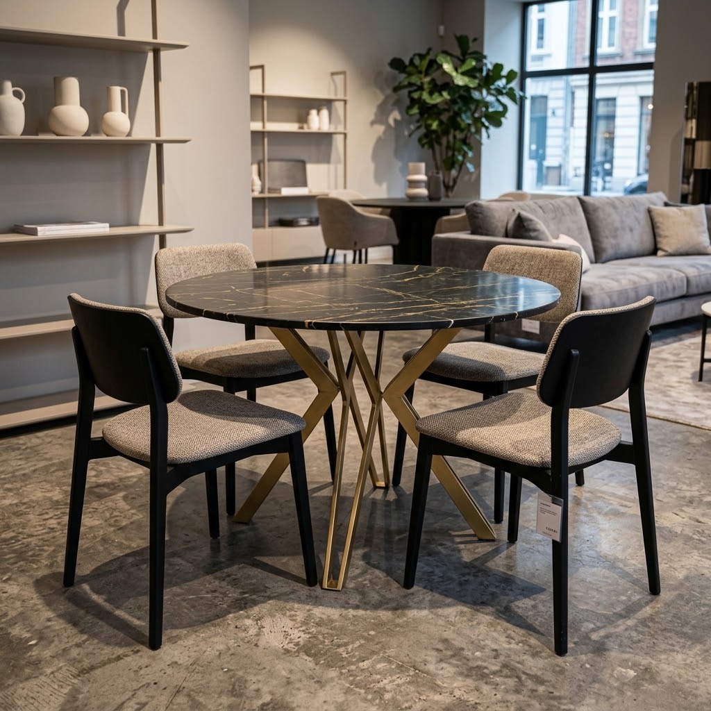 RANDI Black Pietra Grigia Laminate Gold Steel Extendable Dining Table (100-176 × 100 × 76 cm)