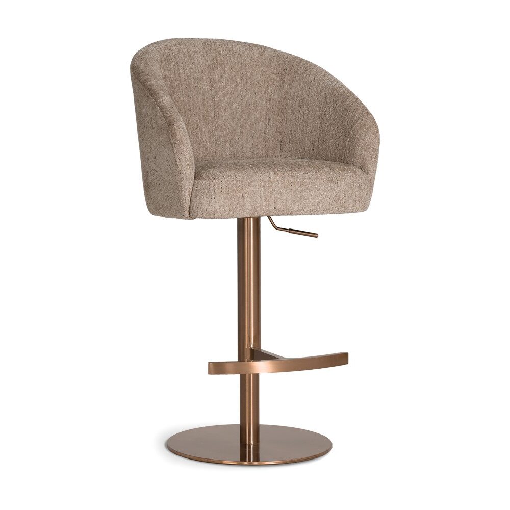 CASORIA Taupe Textured Fabric Swivel Bar Stool with Brushed Bronze Gold Pedestal (55 × 62 × 91-116 cm)