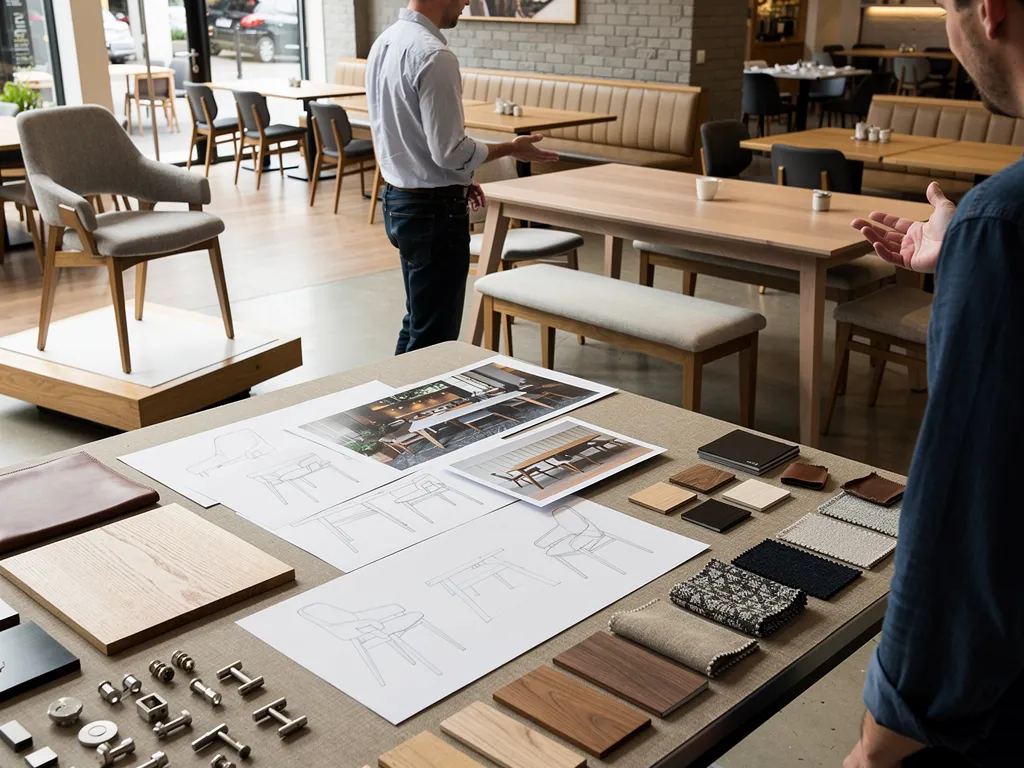 Bespoke table and chair design concept sketches and material samples